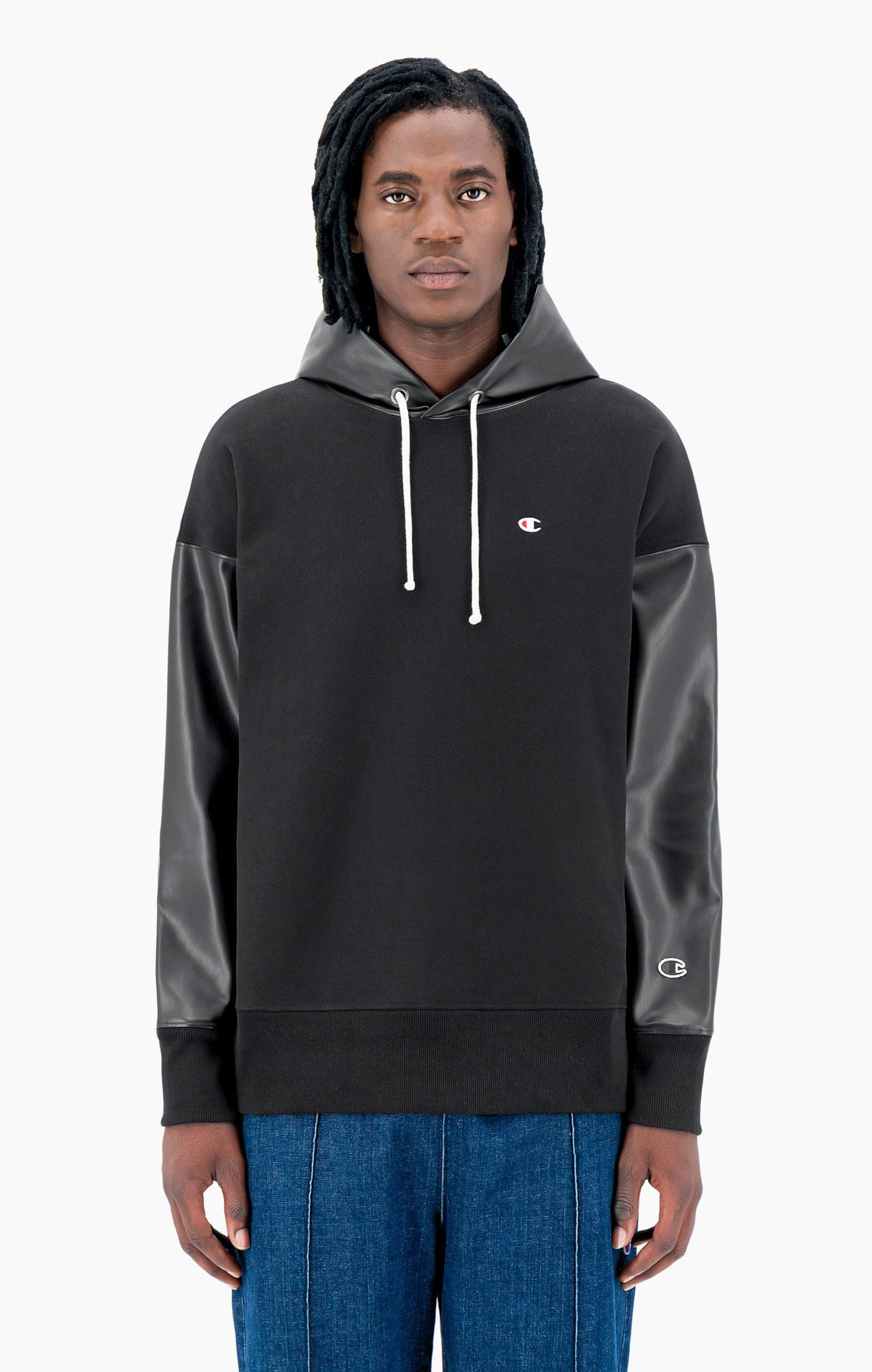 Faux Leather Panel Reverse Weave Hoodie