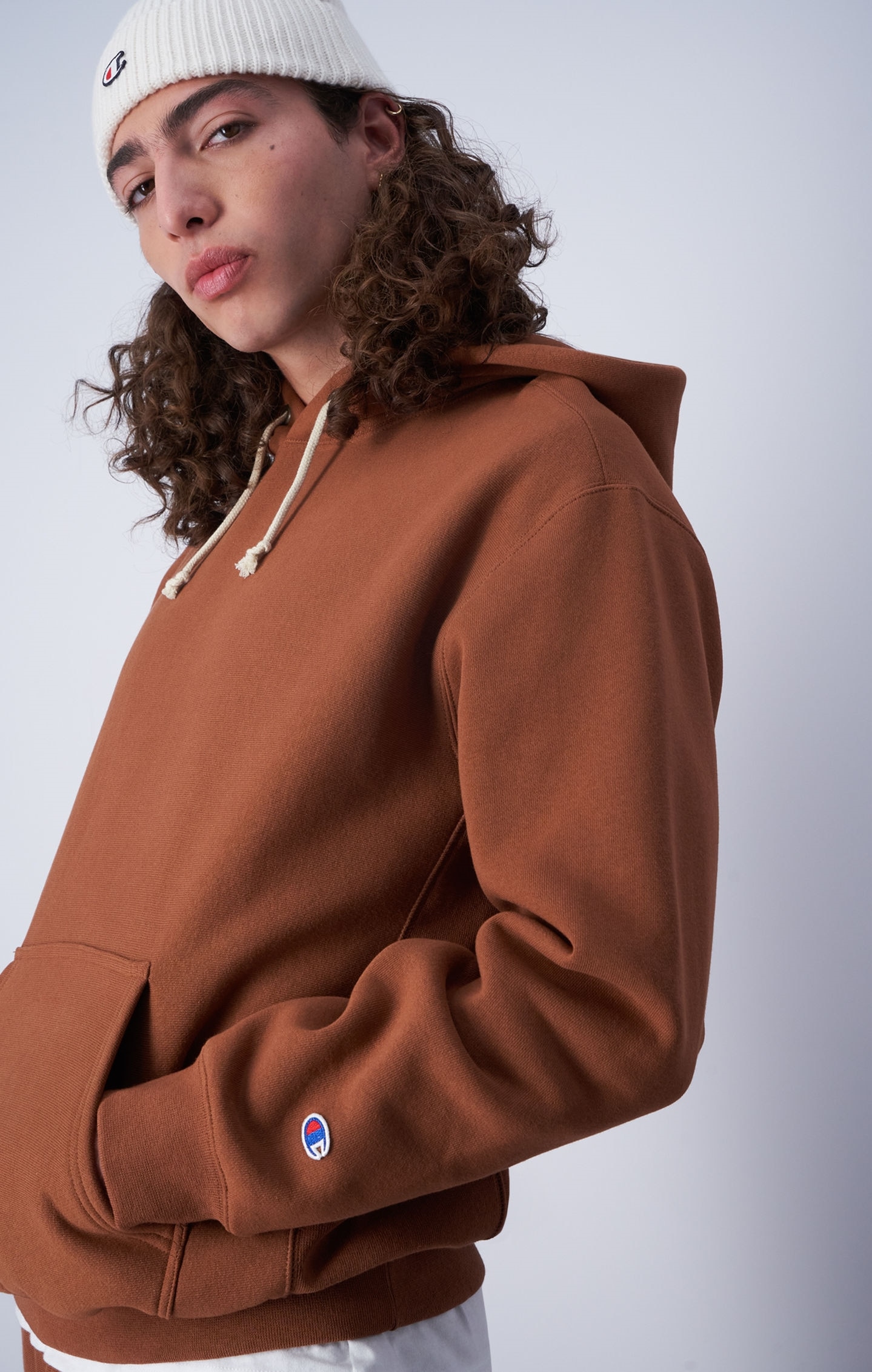 Marron Sable Sweatshirt à capuche minimaliste Reverse Weave