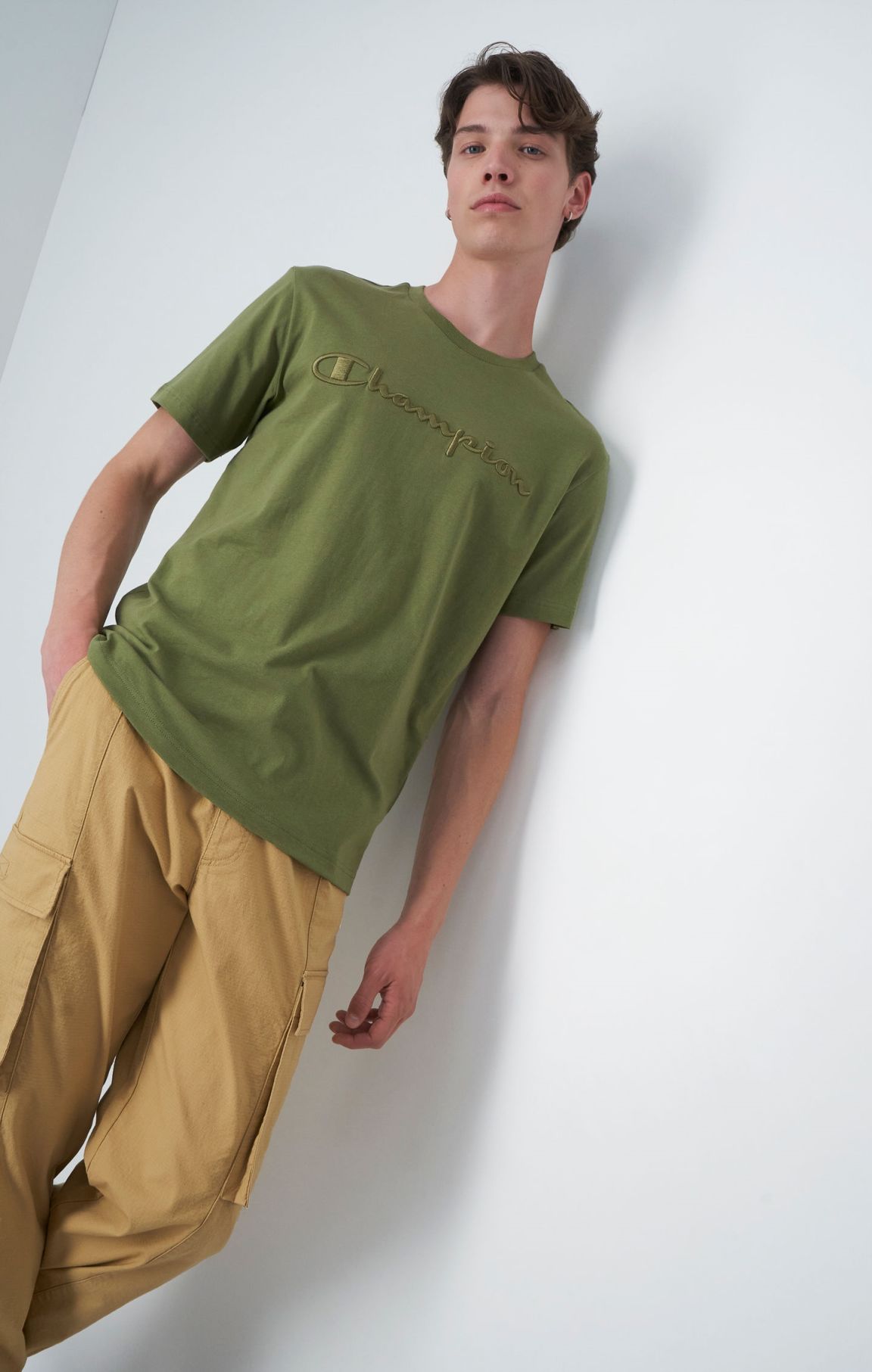 Olive Green Embroidered Script Logo Cotton T-Shirt